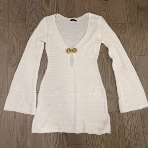 Swim Coverup White Knit Bell Sleeve Sweater with Gold Sea Shell Accent